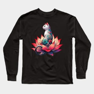 White cat with flower tattoo in lotus Long Sleeve T-Shirt